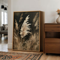 Gone With The Wind, Fluff Included, large framed print leaning on a white wall beside a wood cabinet