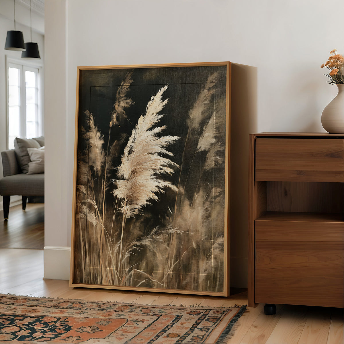 Gone With The Wind, Fluff Included, large framed print leaning on a white wall beside a wood cabinet