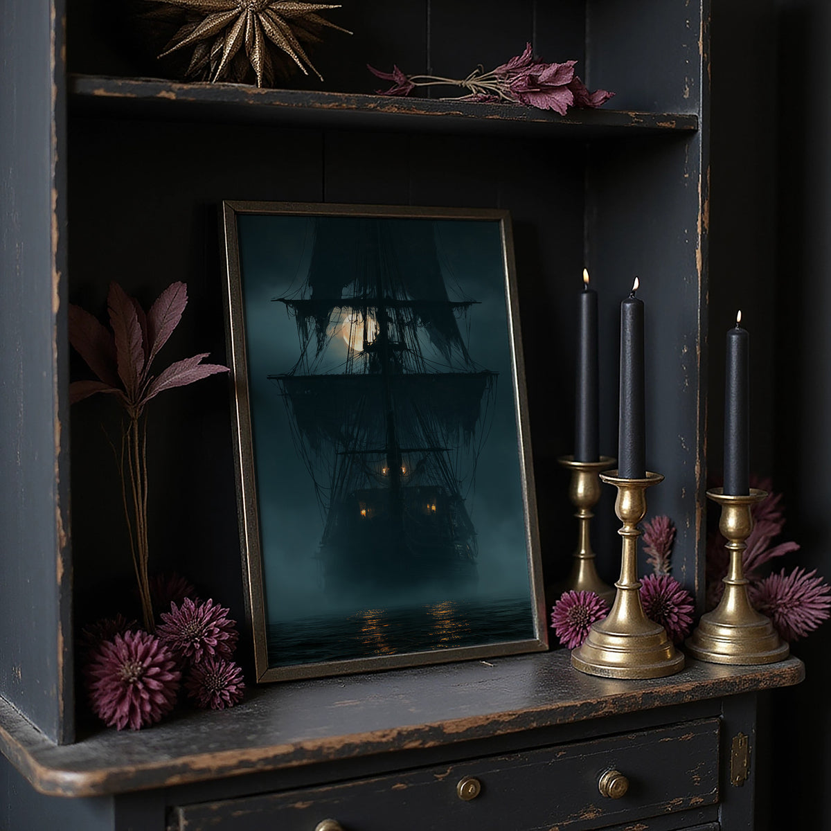 Ghost Ship Arriving Fashionably Late, large framed print leaning on a white wall beside a wood cabinet