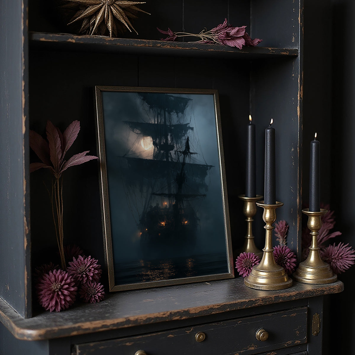 Shipshape It Is Not, large framed print leaning on a white wall beside a wood cabinet