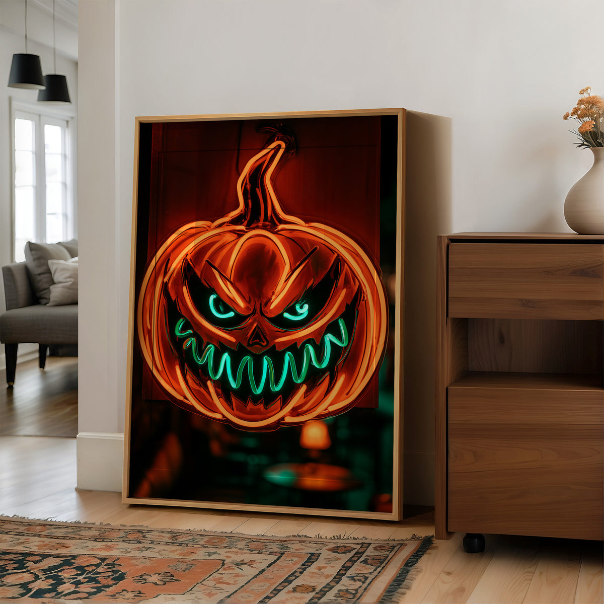 Glow Up, Grin Wide, Scare Hard, large framed print leaning on a white wall beside a wood cabinet