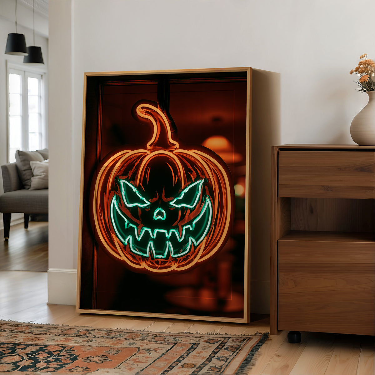 Window Display: Do Not Disturb, large framed print leaning on a white wall beside a wood cabinet