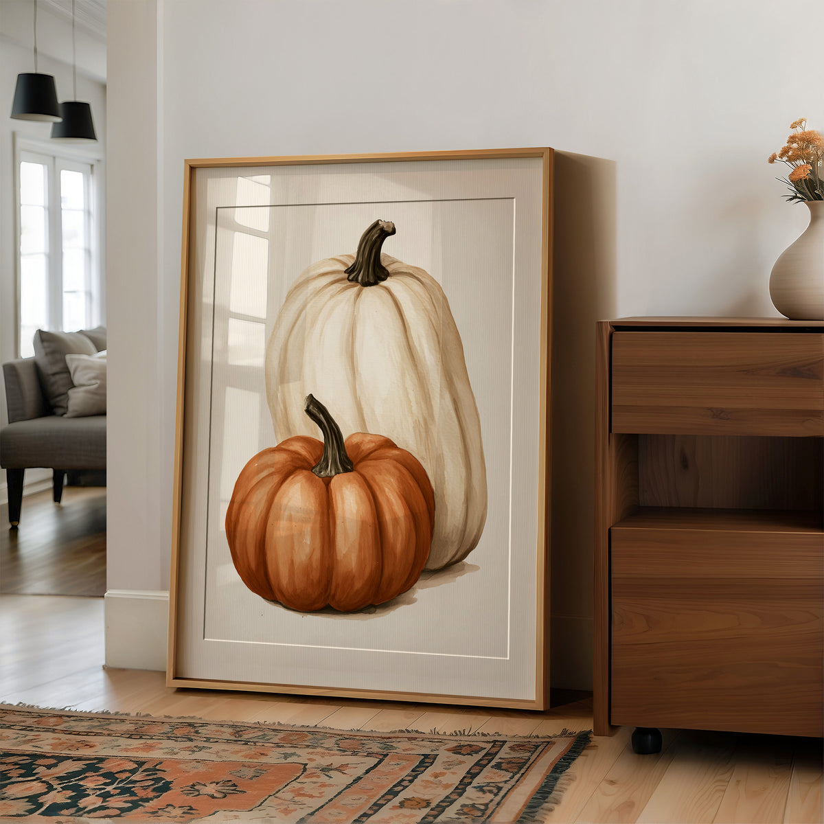 Tall, Pale, And Totally Supportive, large framed print leaning on a white wall beside a wood cabinet