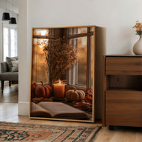 Candle Lit, Chapter Pending, large framed print leaning on a white wall beside a wood cabinet