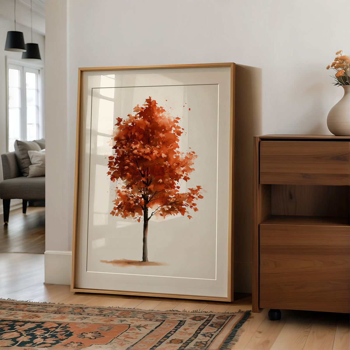 Solo Act, Standing Ovation, large framed print leaning on a white wall beside a wood cabinet