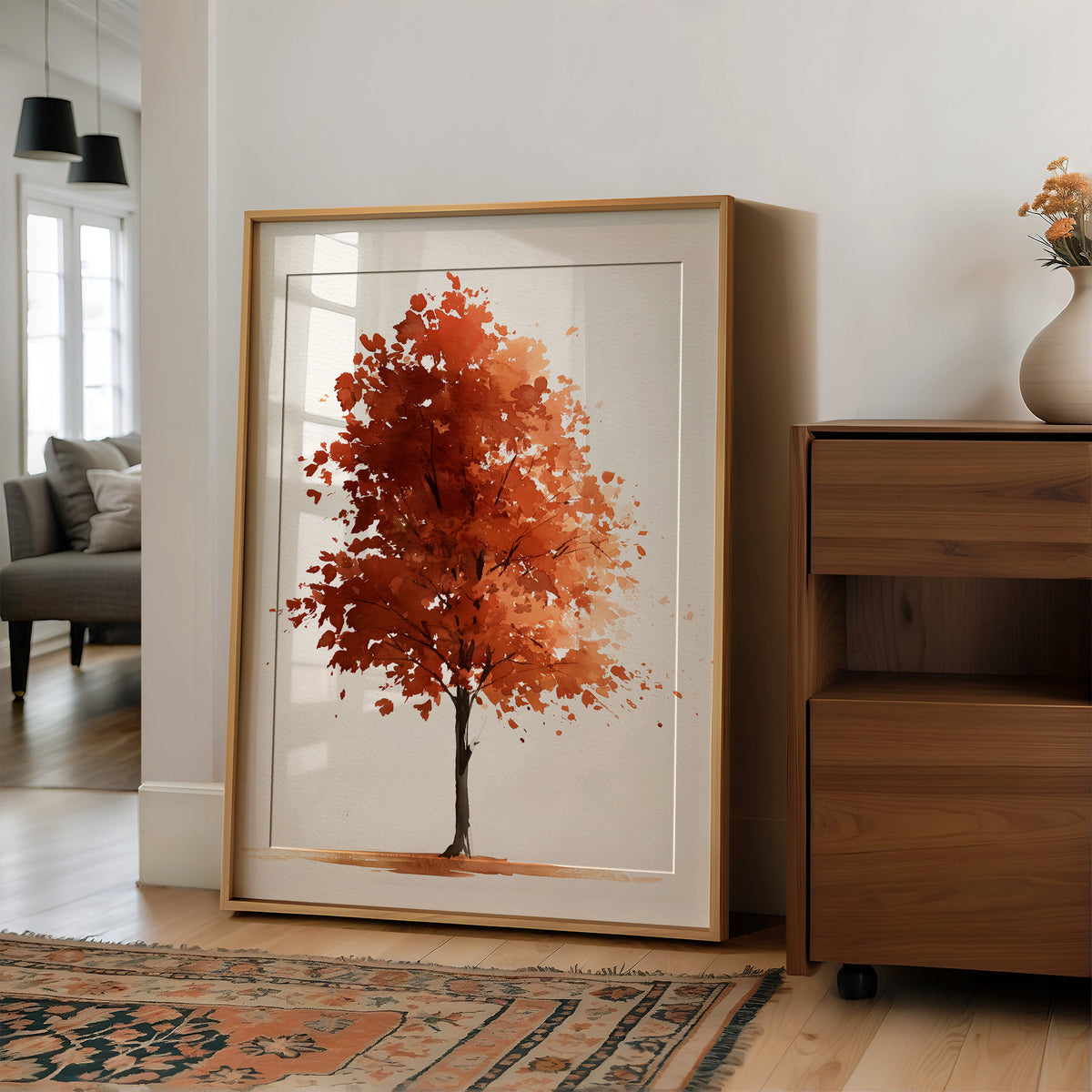 Shedding Season, No Apologies, large framed print leaning on a white wall beside a wood cabinet