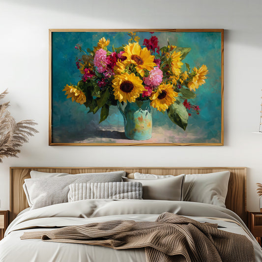 Sunflowers Against a Teal Sky