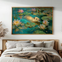 Golden Swimmer Among Water Lilies