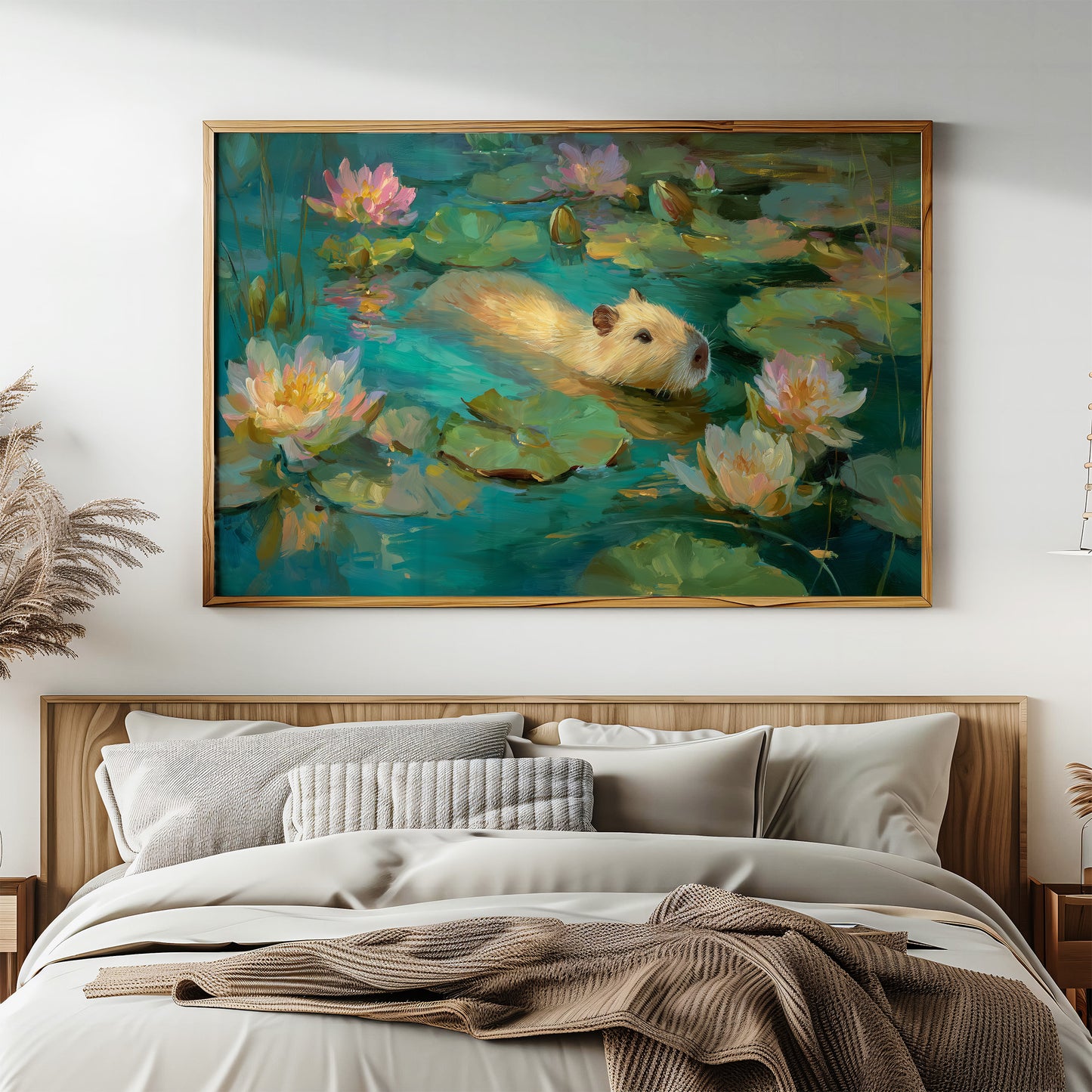 Golden Swimmer Among Water Lilies
