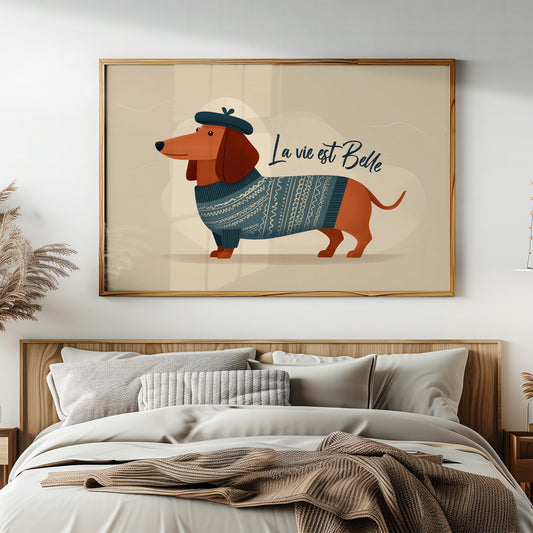 La Vie Est Belle Canvas Art | French Dachshund in Beret & Sweater Print for Living Room, Office or Dog Lover Décor
