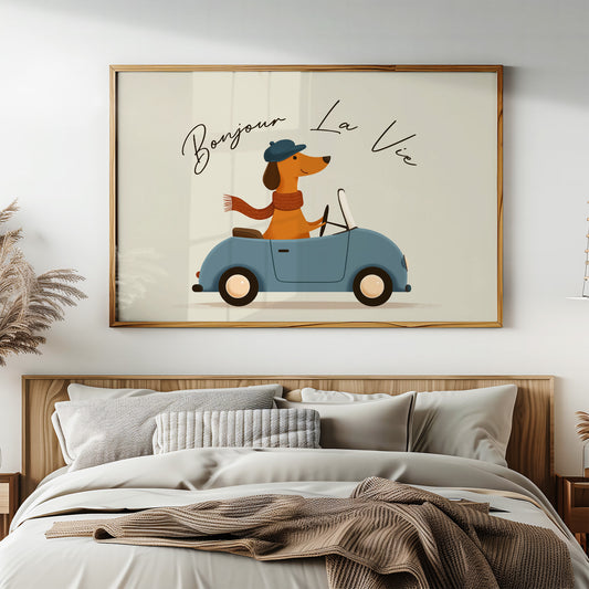 Bonjour La Vie Canvas Art | French Dachshund Driving Convertible Print for Living Room, Office or Dog Lover Décor