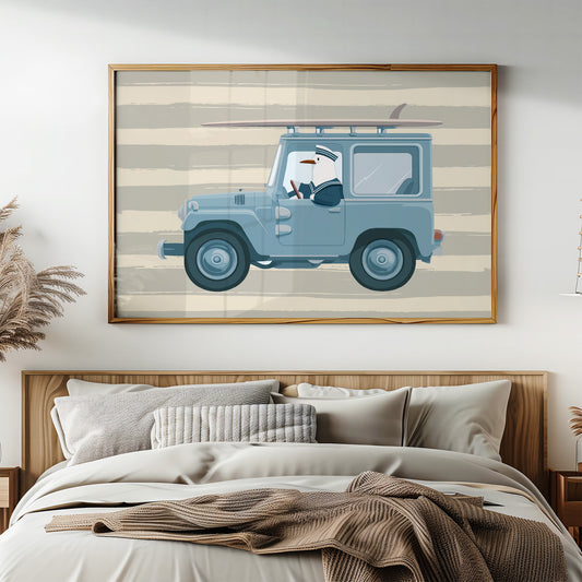 Surfing Seagull Canvas Art | Coastal Bird Driving Jeep with Surfboard Print for Beach House, Kids Room or Nautical Décor