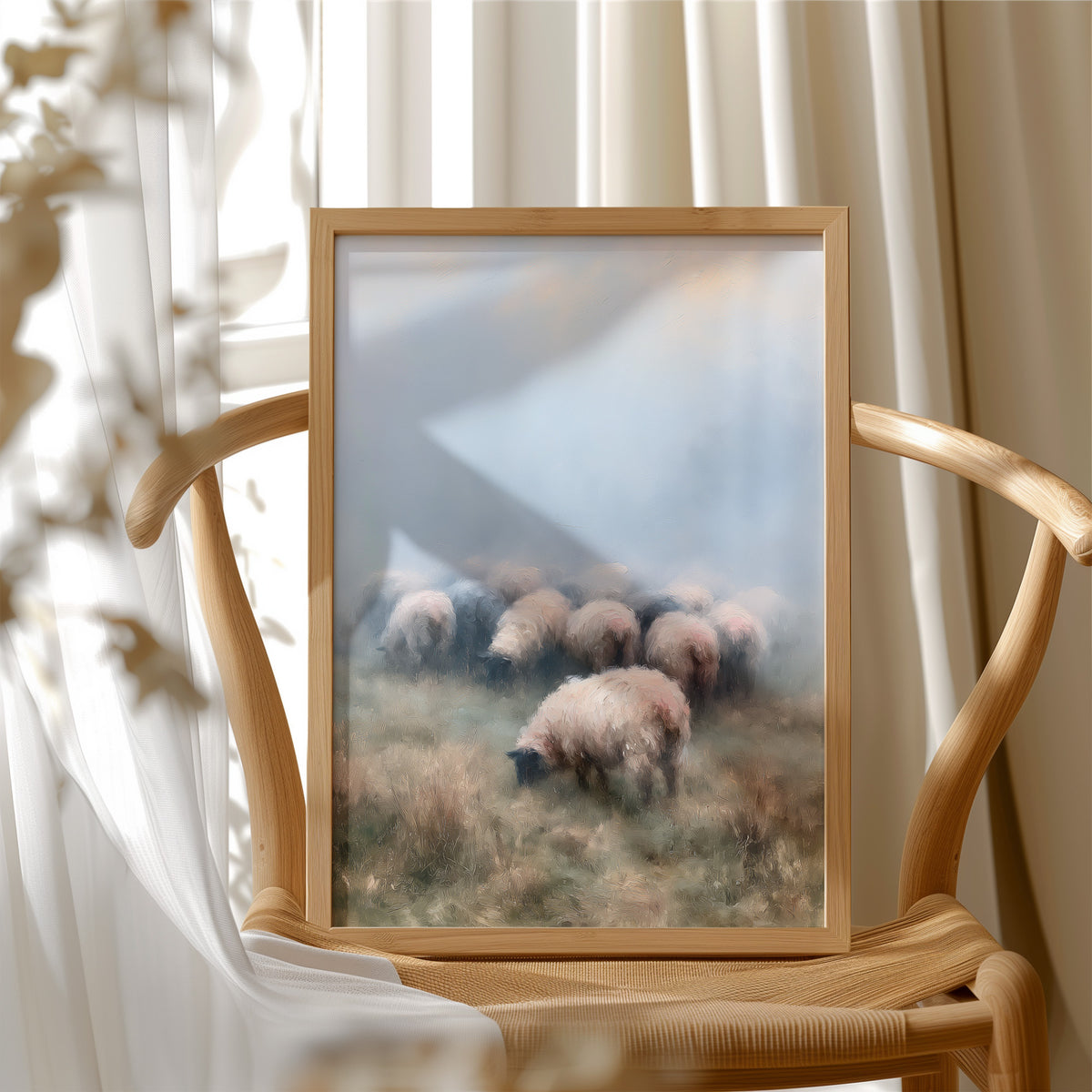 Sheep Grazing in Morning Mist