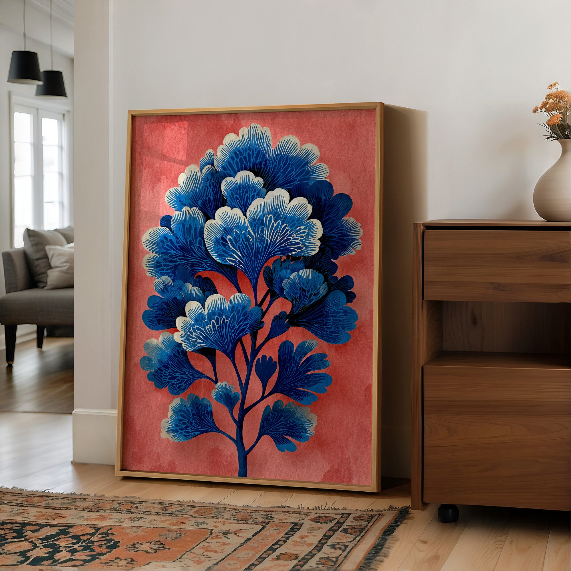 Blue Blooms on a Coral Wall