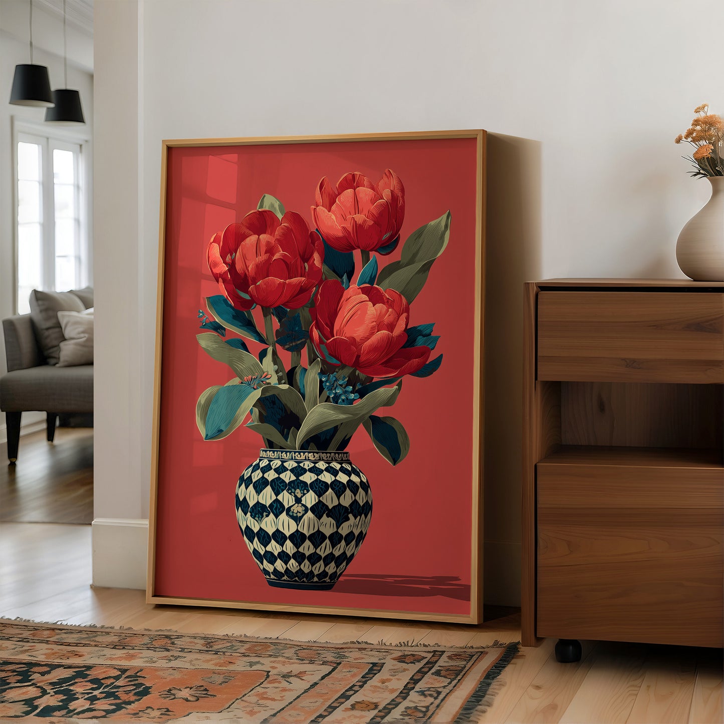Red Tulips in a Traveled Vase