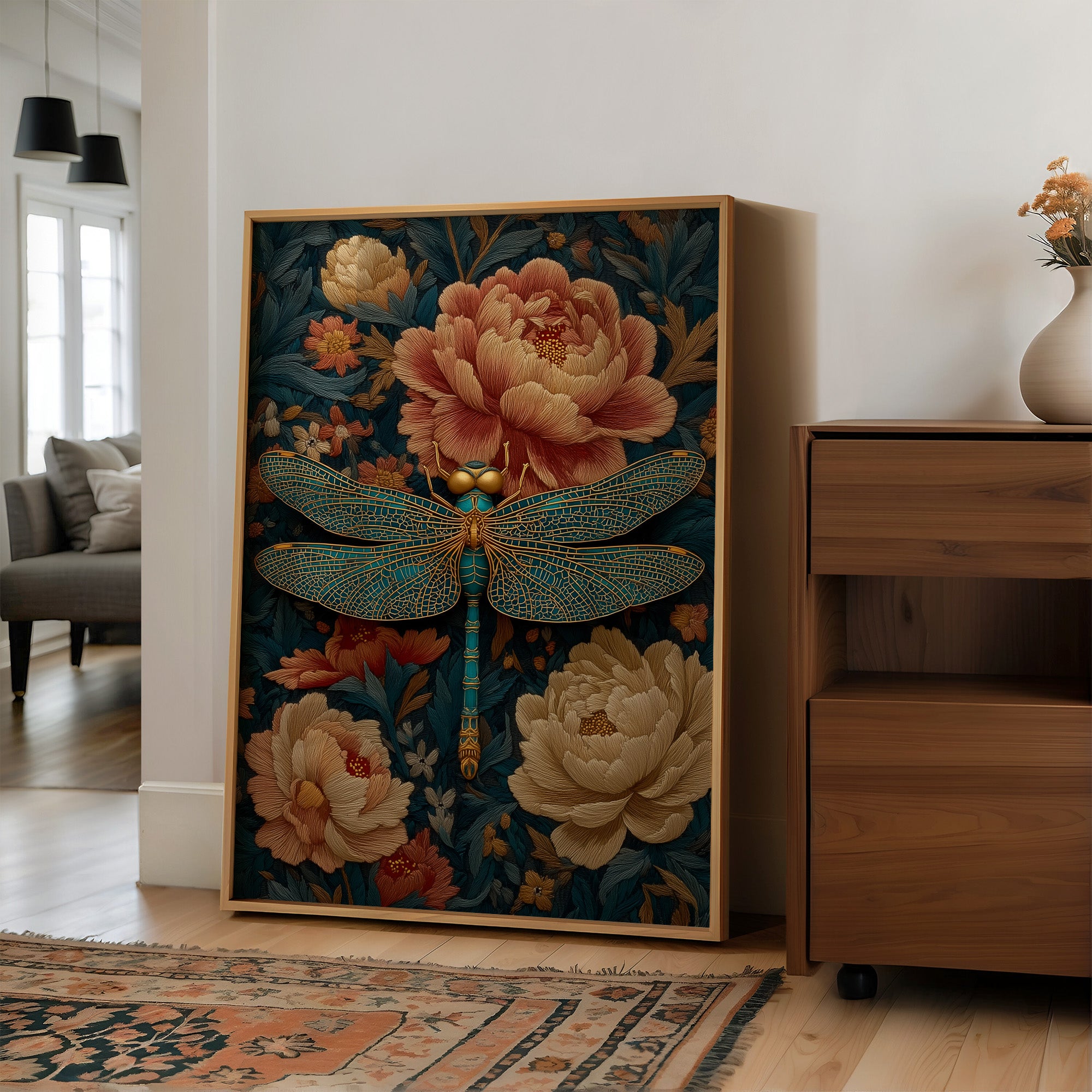 The Dragonfly Rests Among Peonies
