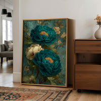 Teal Peonies on a Weathered Wall