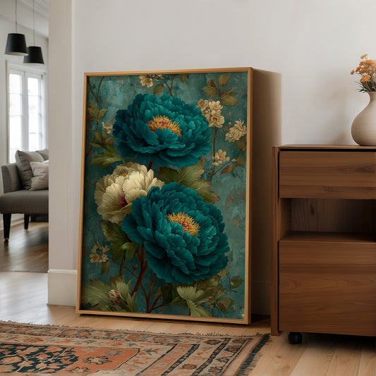 Teal Peonies on a Weathered Wall