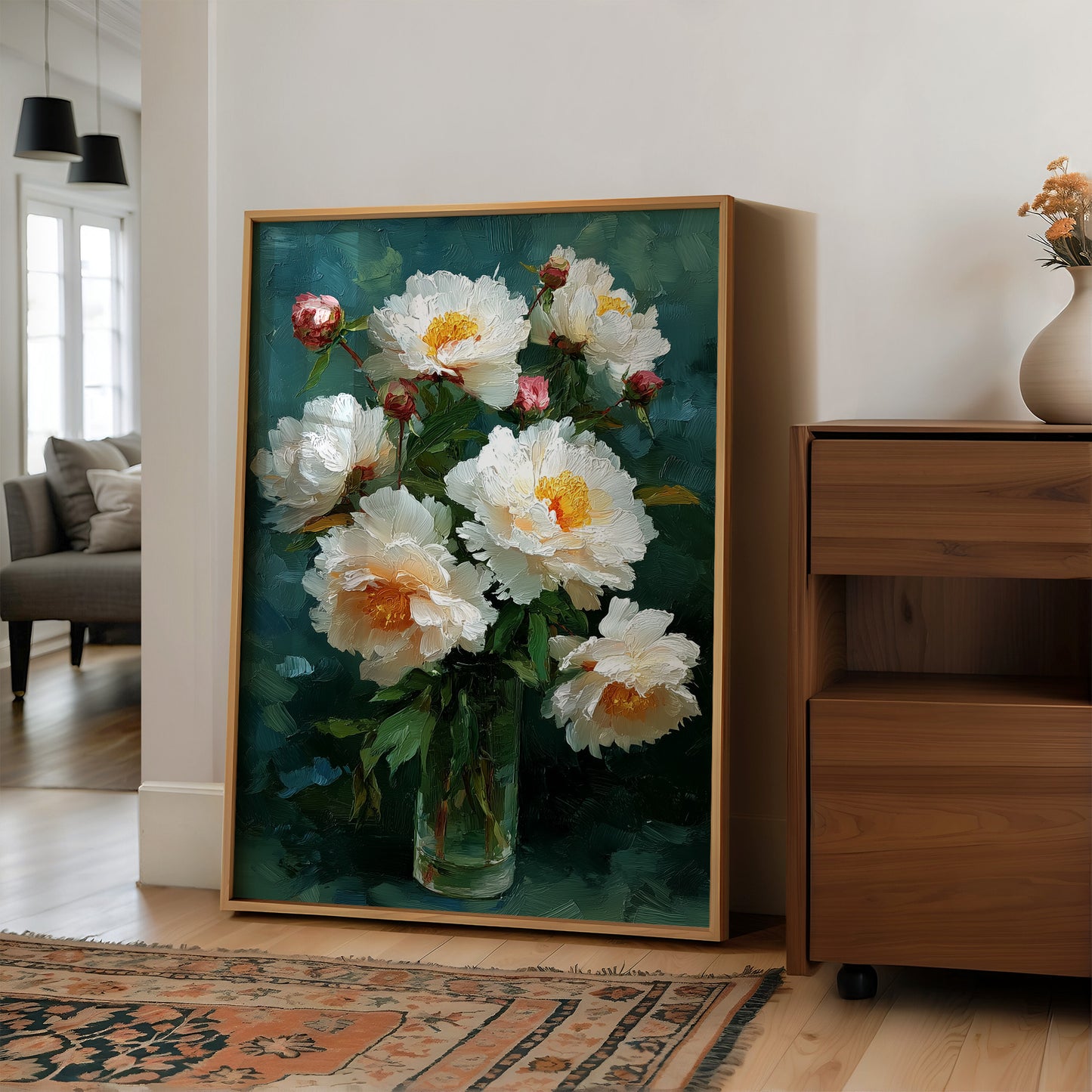 White Peonies in a Glass at Dusk