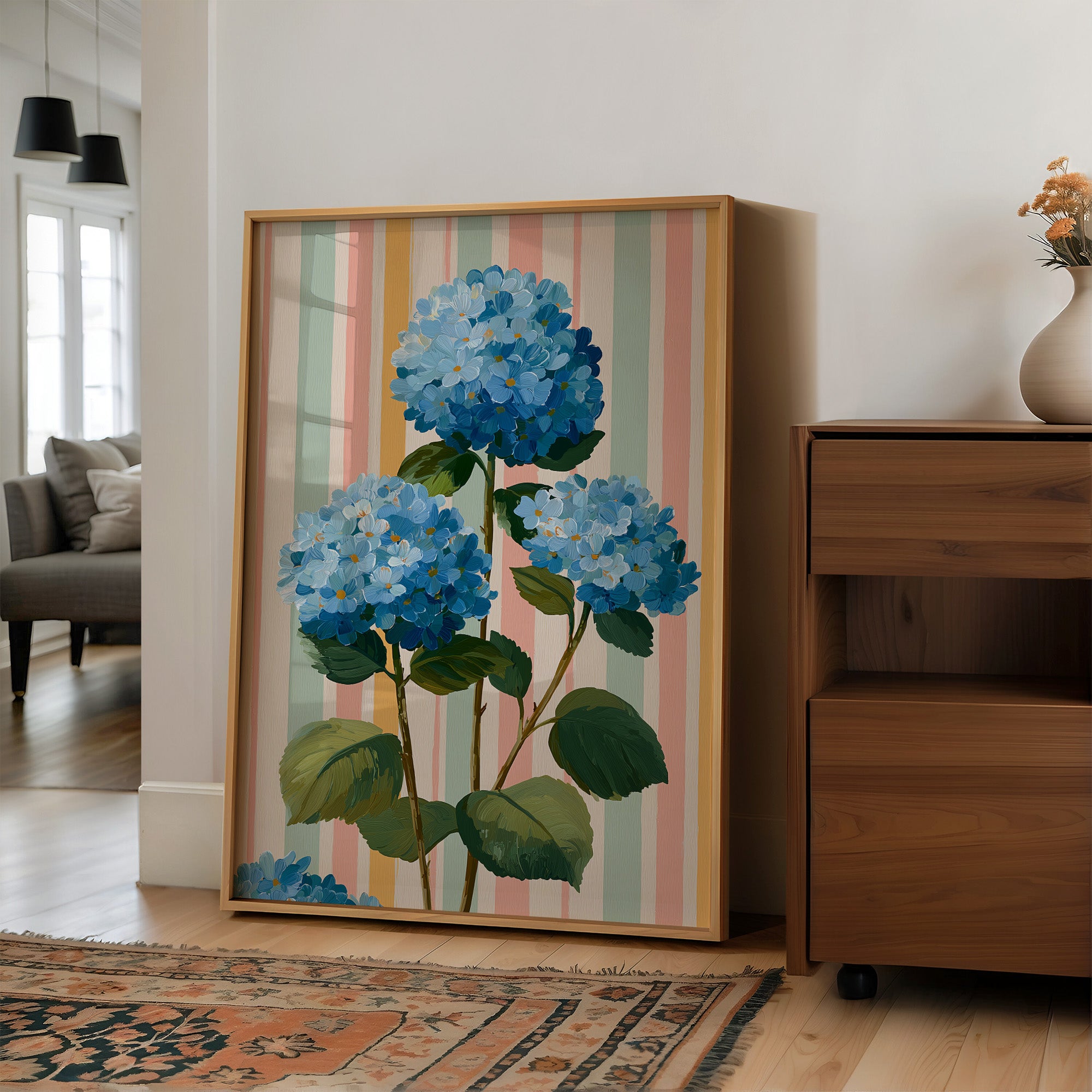 Blue Hydrangeas on a Happy Wall