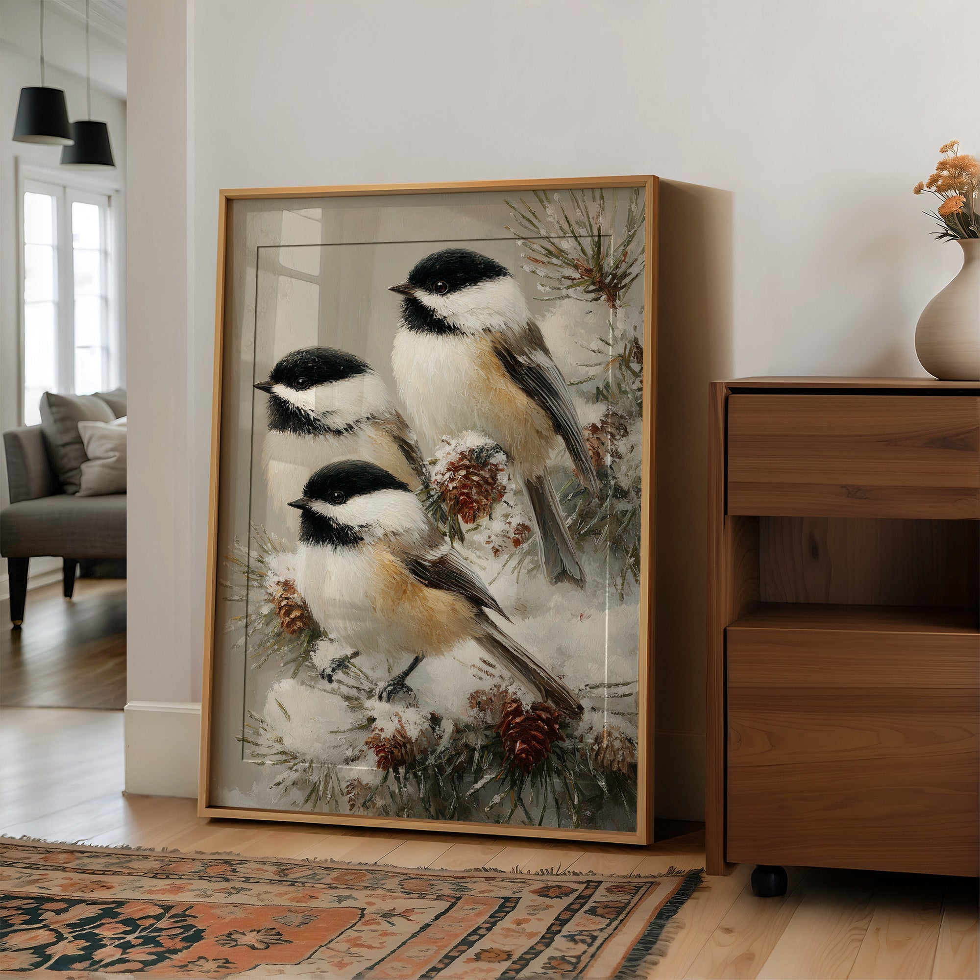 Chickadees on Frosted Pine
