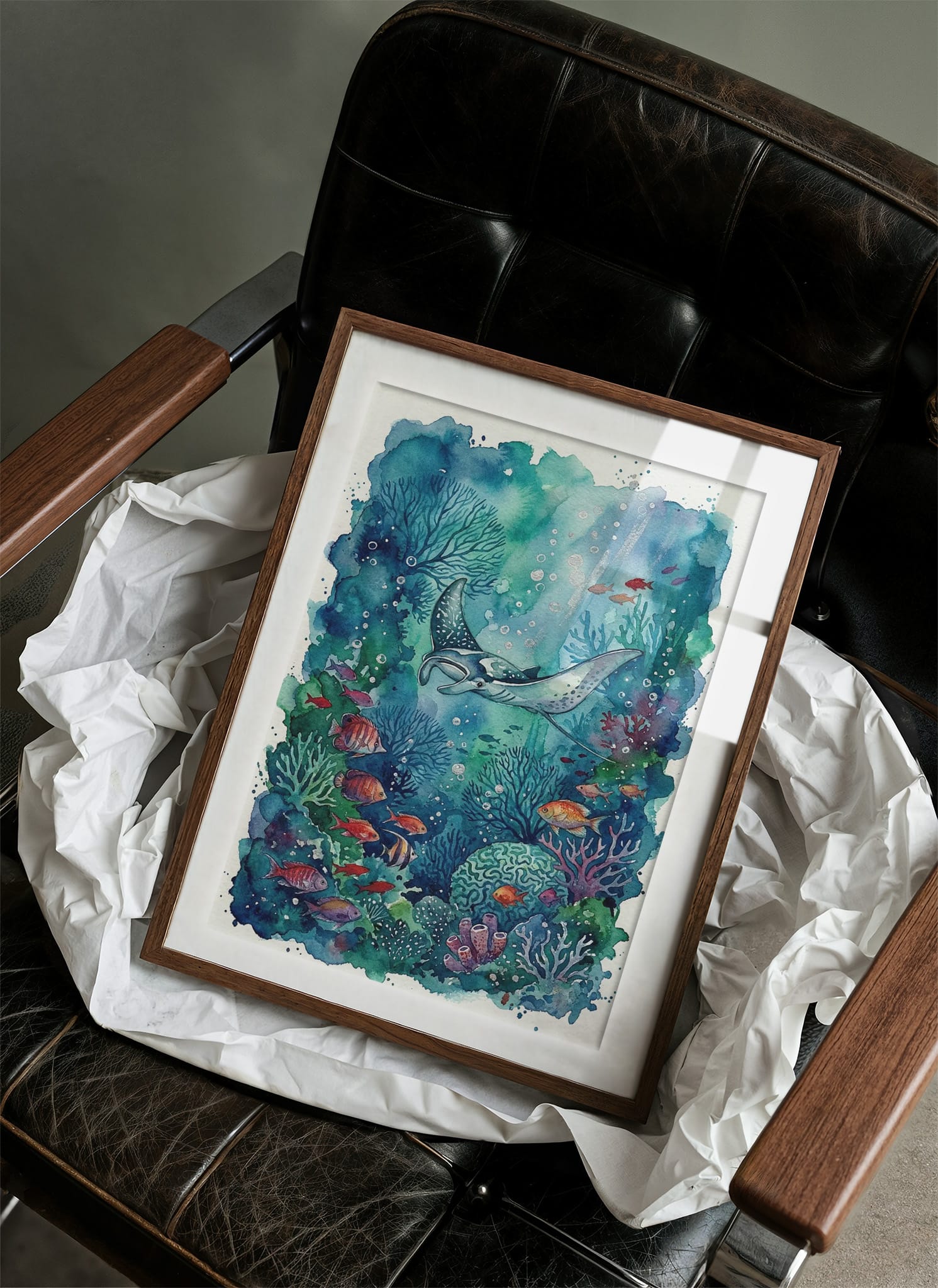 Silent Glide: Watercolor Manta Ray Reef Scene