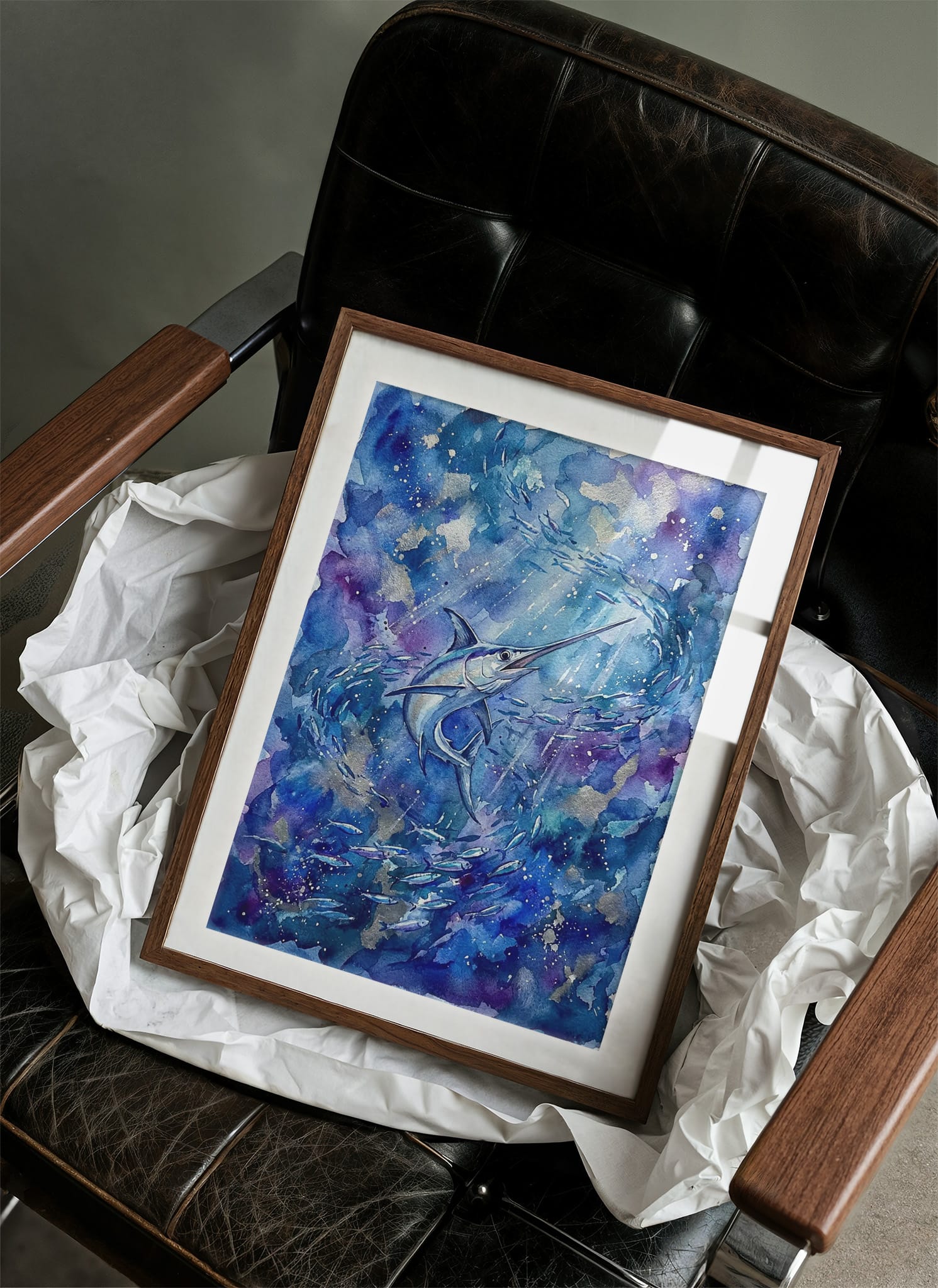 Bait Ball Chase: Watercolor Marlin Study