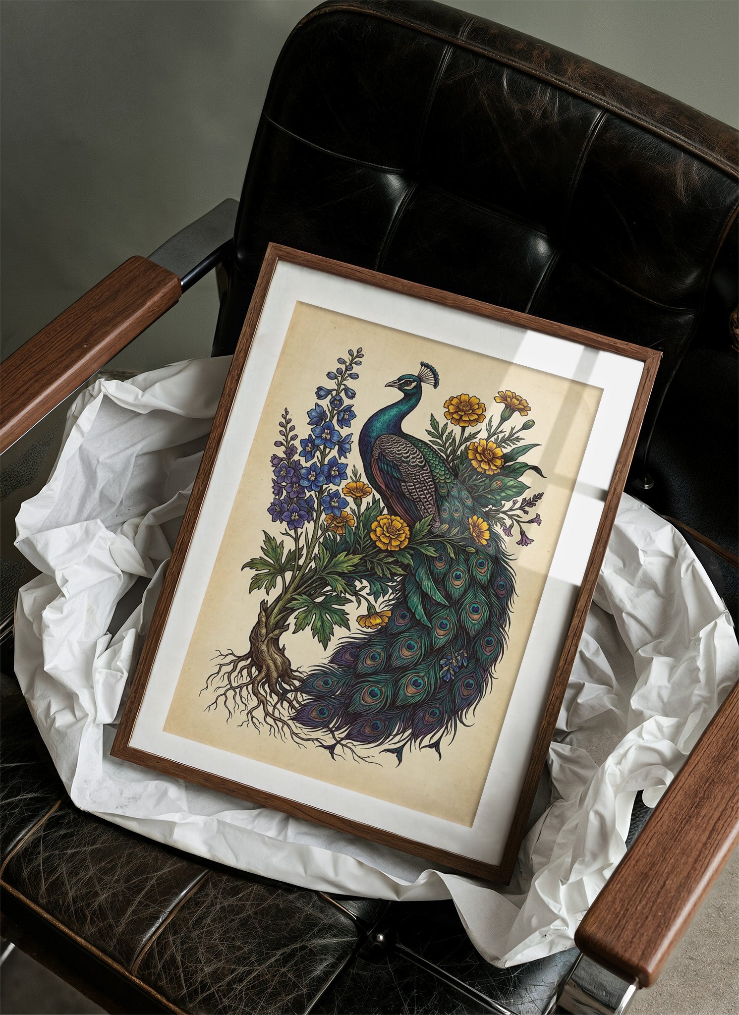 Peacock and Marigolds