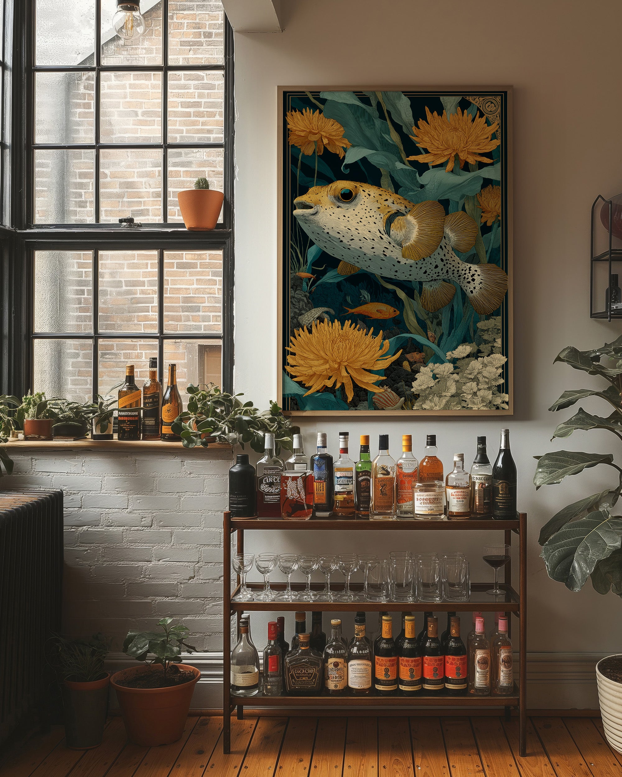 Pufferfish Among Chrysanthemums