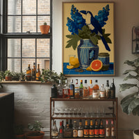 Toucan and Blue Delphiniums