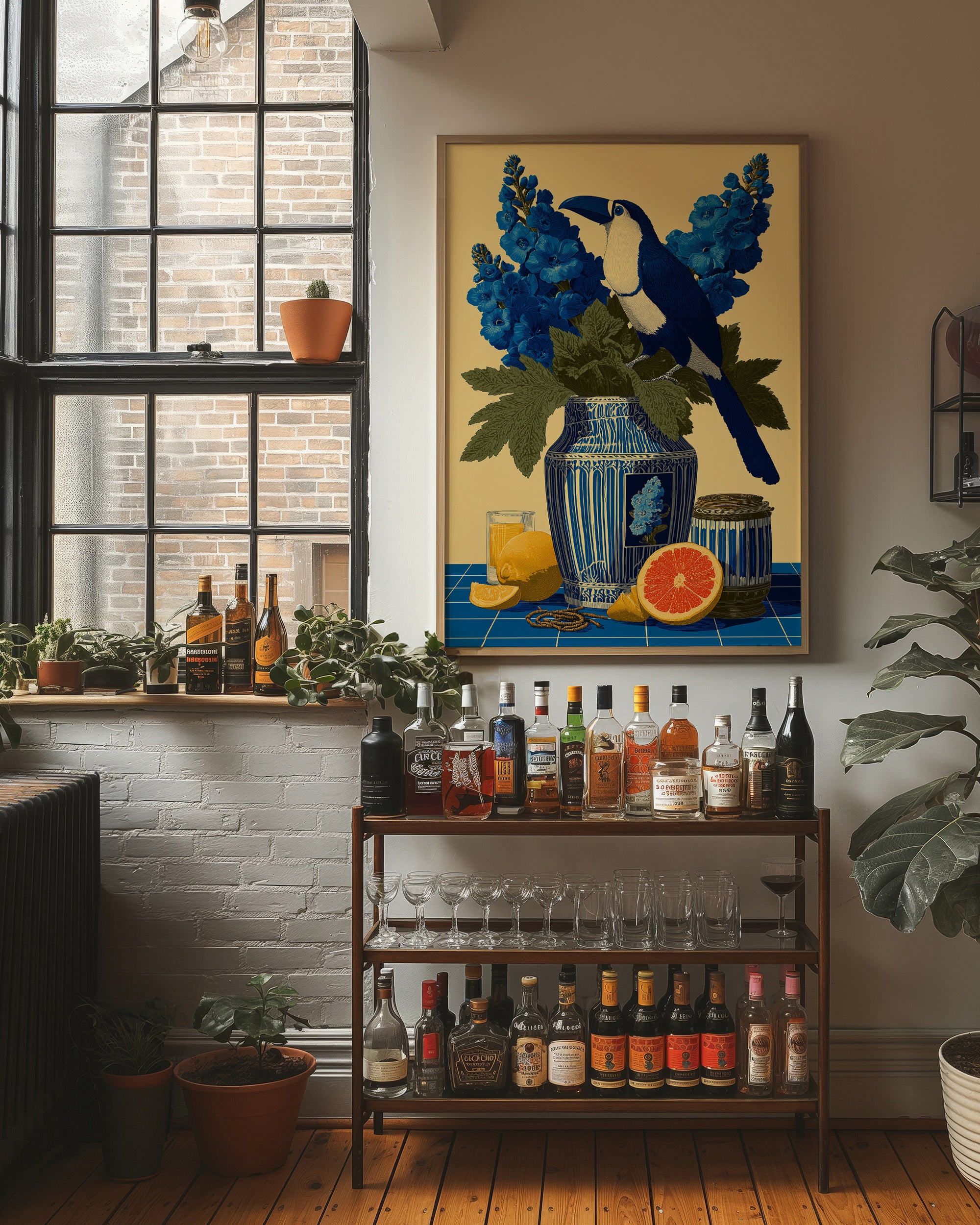 Toucan and Blue Delphiniums