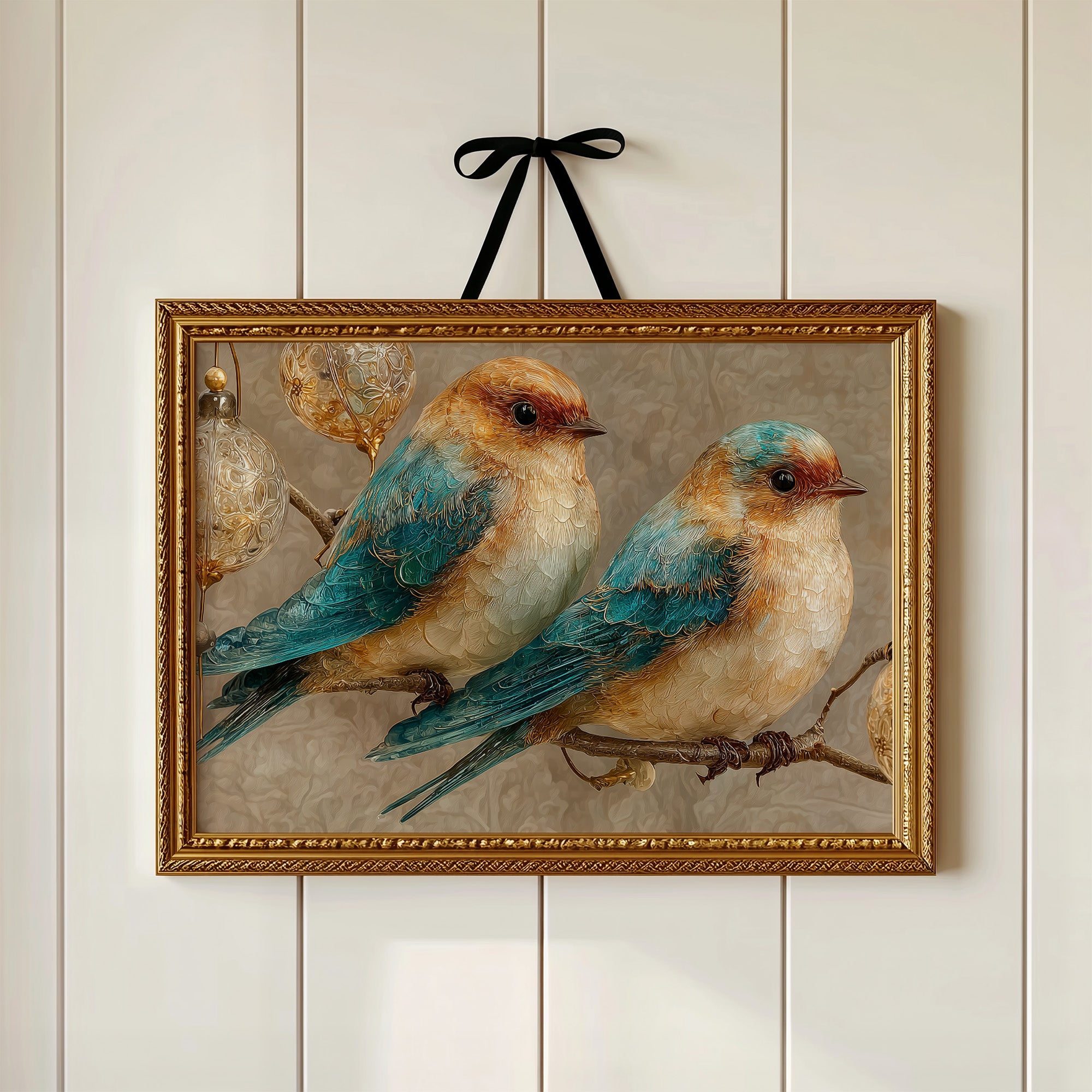 Two Bluebirds and Golden Filigree