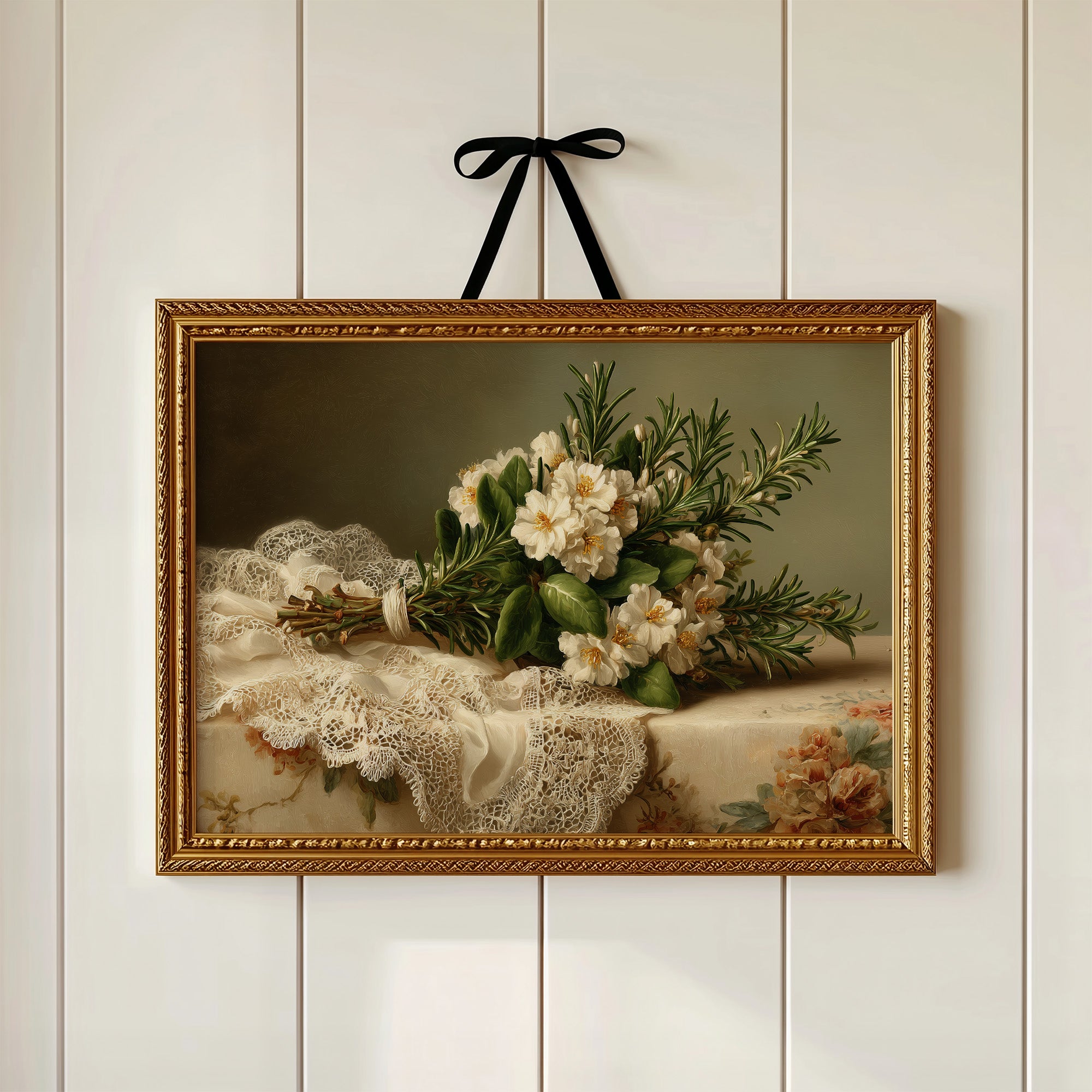 Rosemary Bouquet on Antique Lace