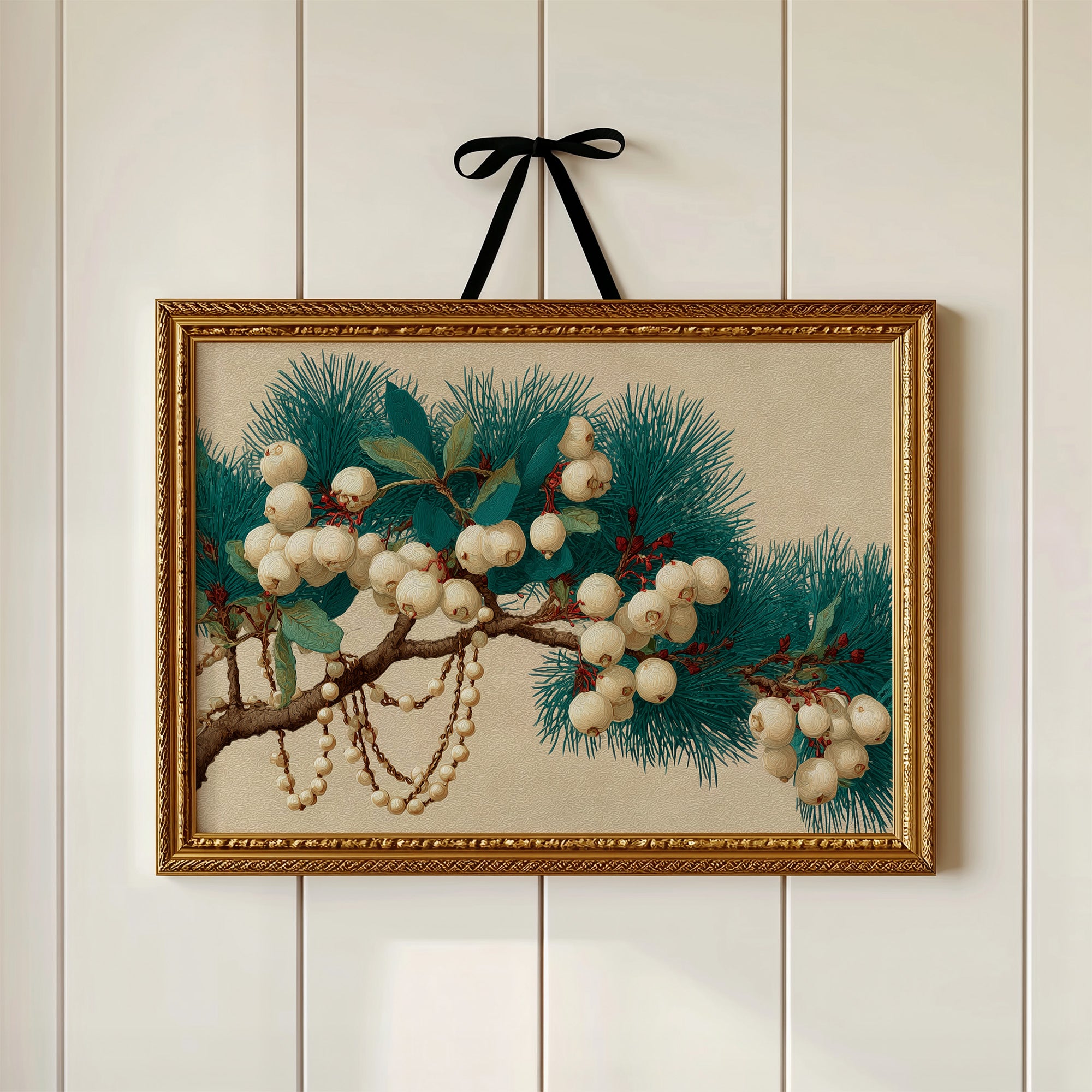 Snowberries and Pearls on Pine