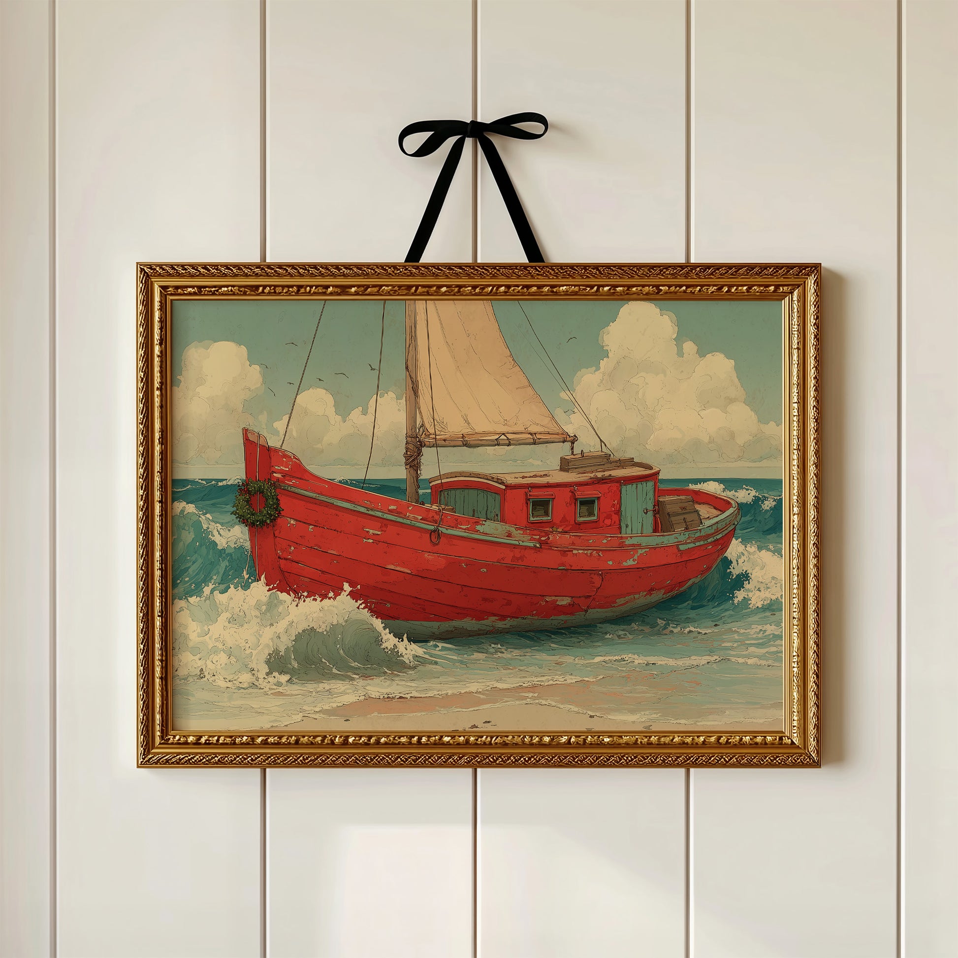 Weathered Red Boat with Wreath