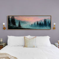 Misty Pines Beneath A Blushing Sky