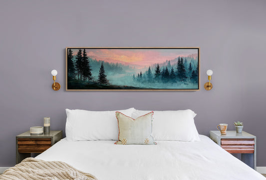 Misty Pines Beneath A Blushing Sky