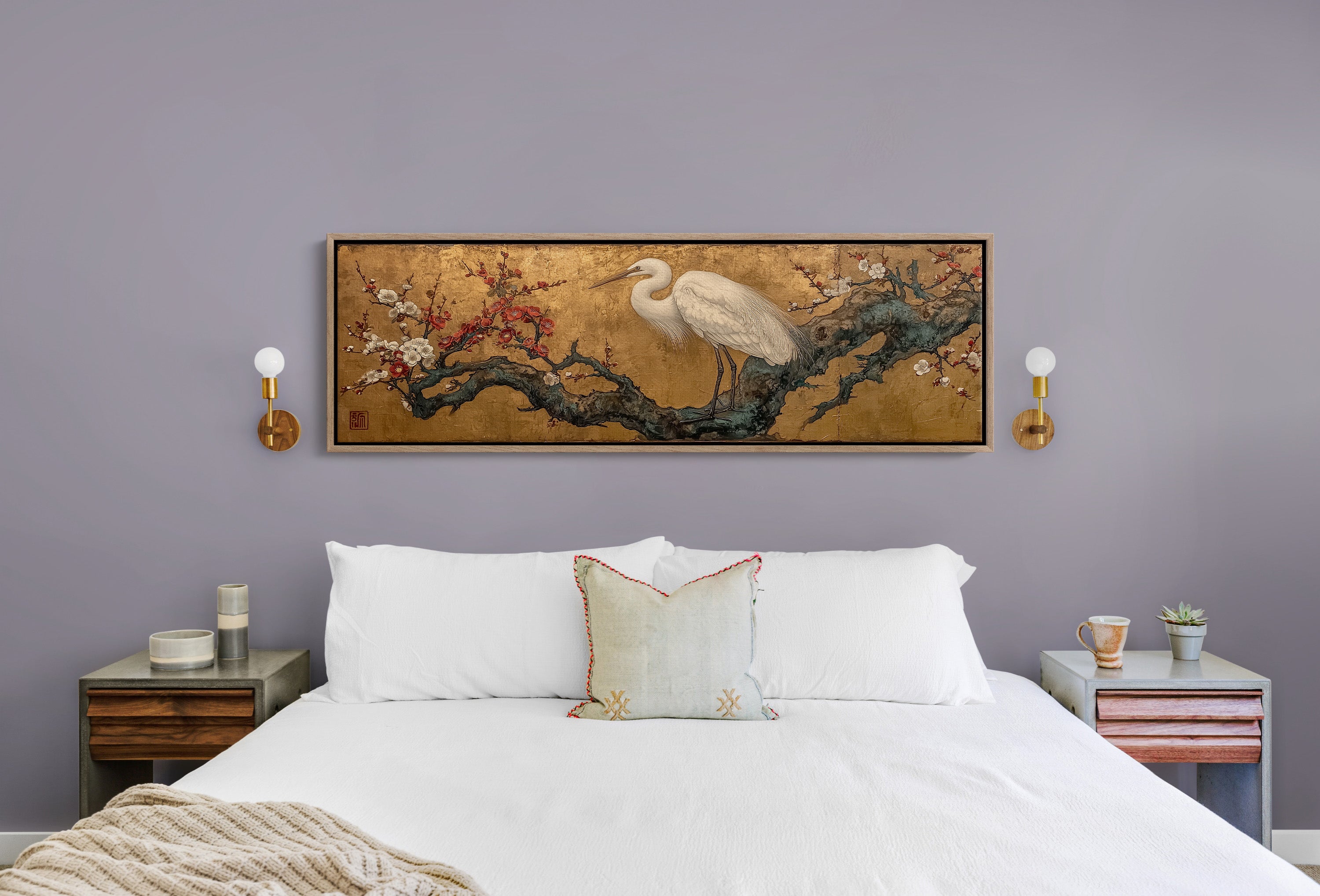 Egret Among Crimson Plum Blossoms