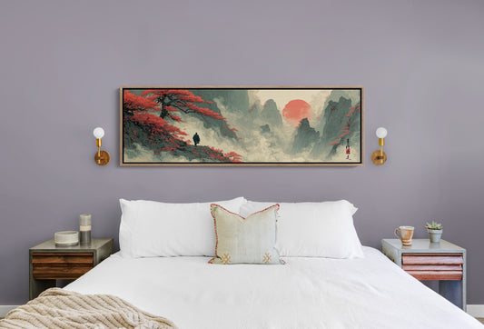 Red Sun Over Misty Mountain Peaks