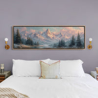 Sunlit Mountain Peaks at Dawn Over Frosted Forest