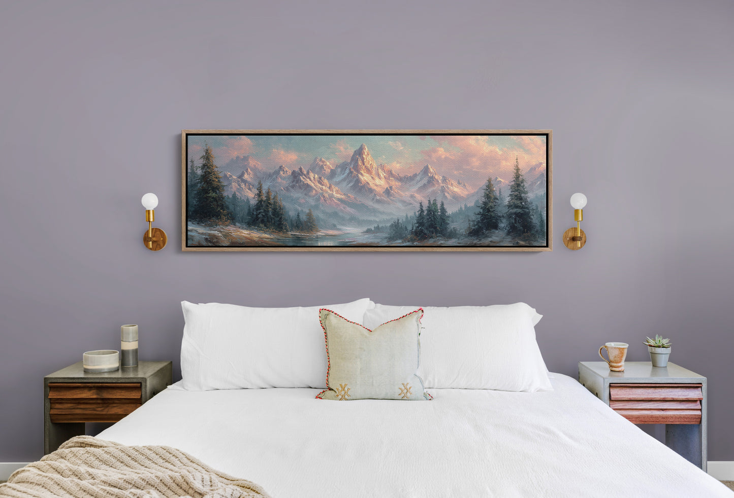 Sunlit Mountain Peaks at Dawn Over Frosted Forest