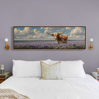 Texas Longhorn Standing in Blooming Bluebonnet Field