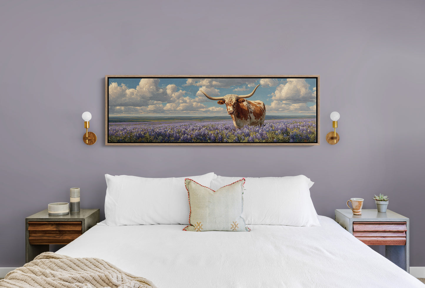 Texas Longhorn Standing in Blooming Bluebonnet Field