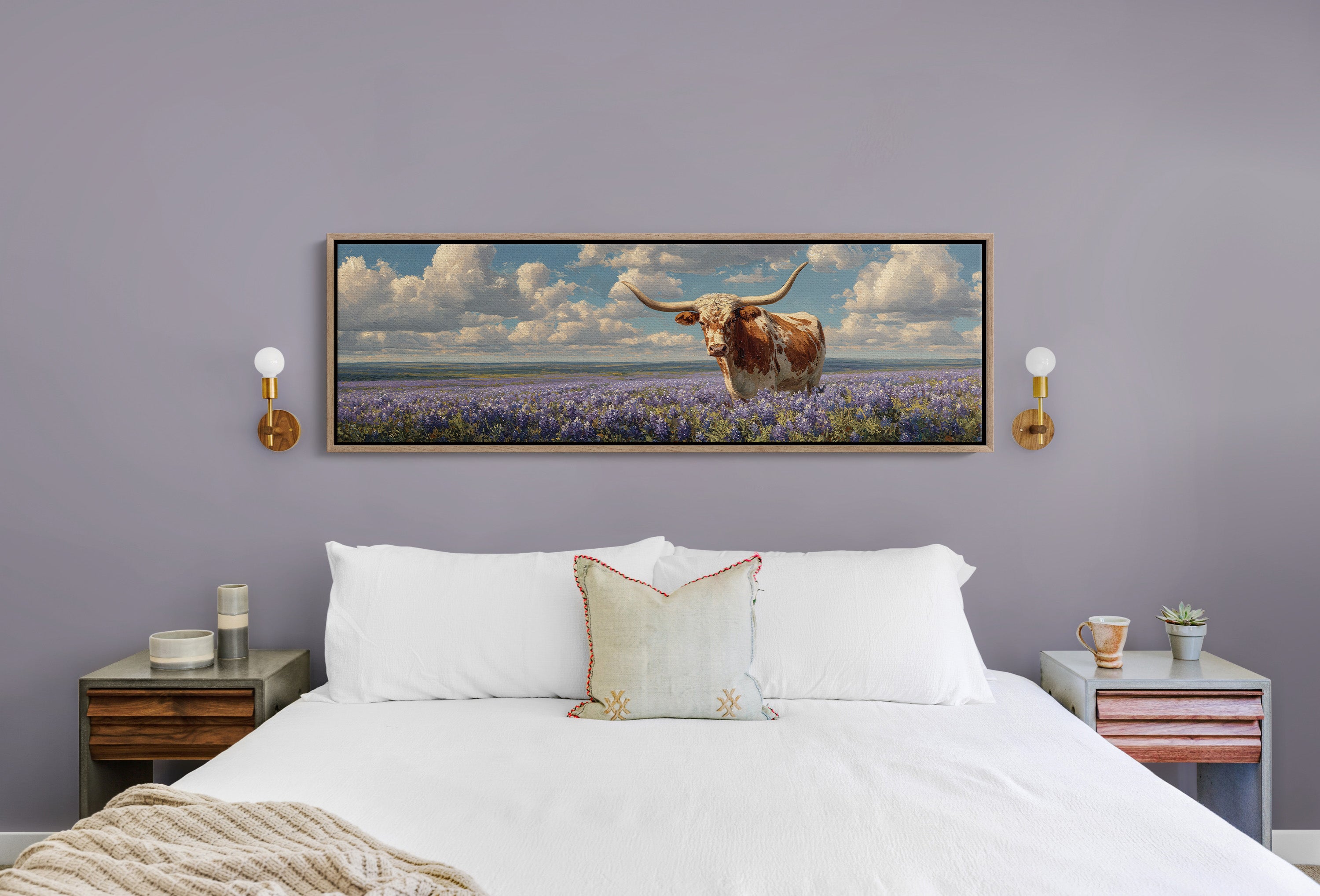 Texas Longhorn Standing in Blooming Bluebonnet Field