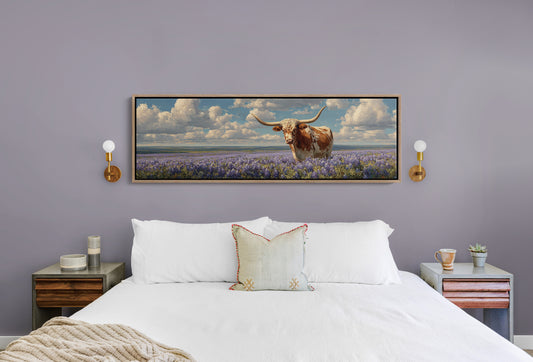 Texas Longhorn Standing in Blooming Bluebonnet Field