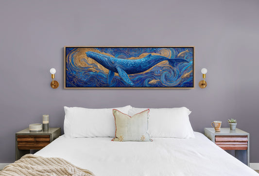 Majestic Blue Whale in Golden Ocean Swirl