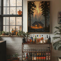 Cabin Glowing In Forest Fire Light
