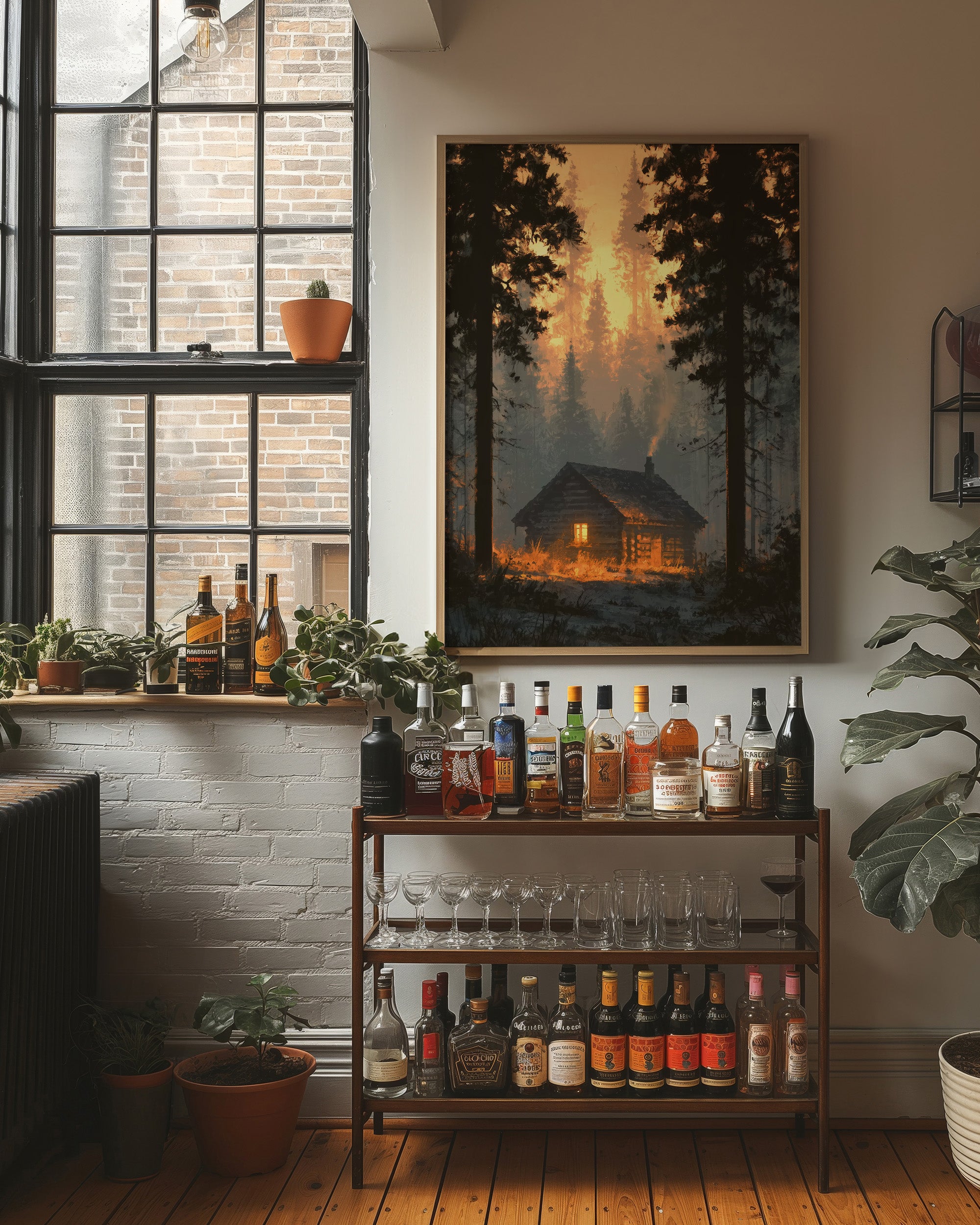 Cabin Glowing In Forest Fire Light
