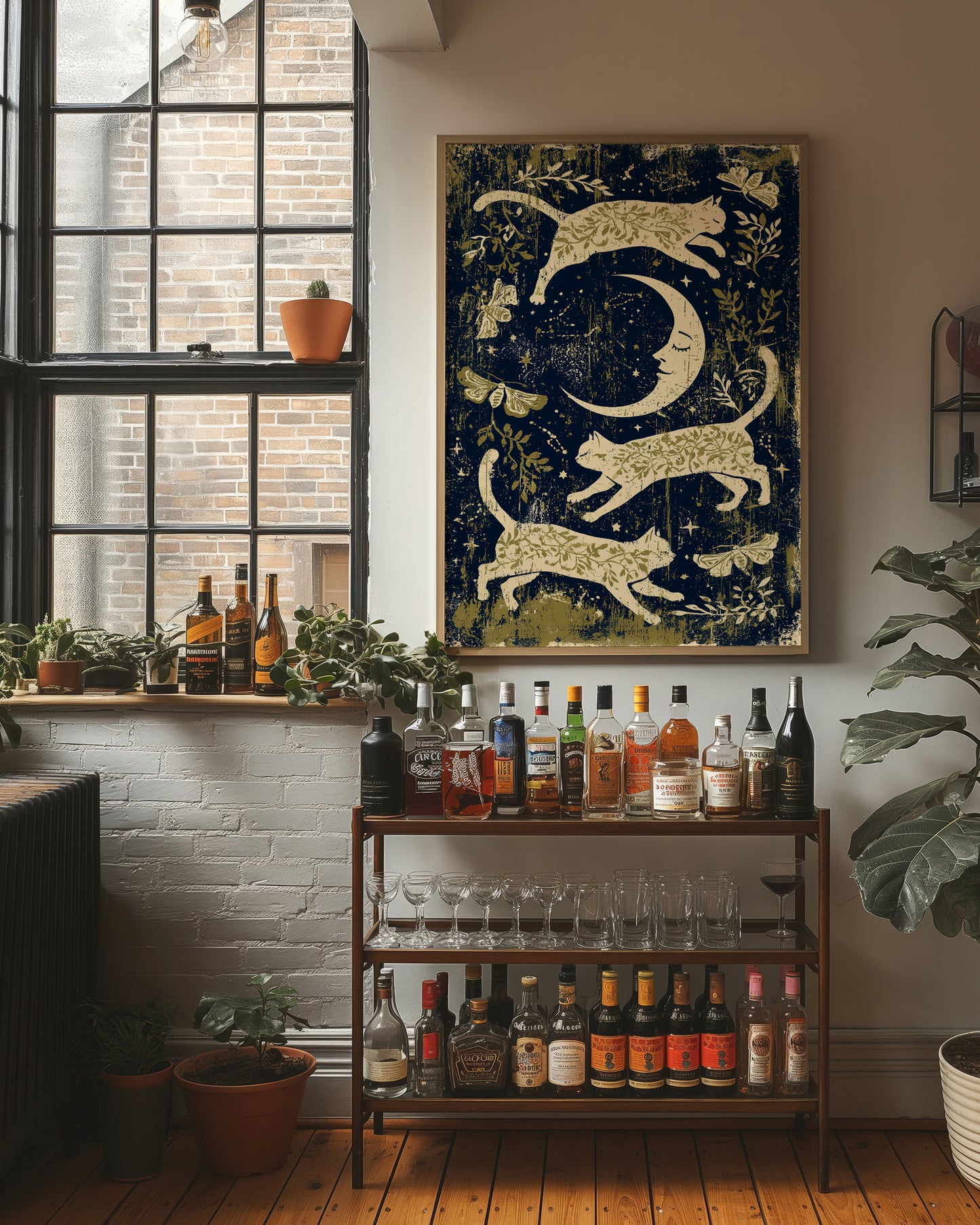Cats Leaping Around Crescent Moon