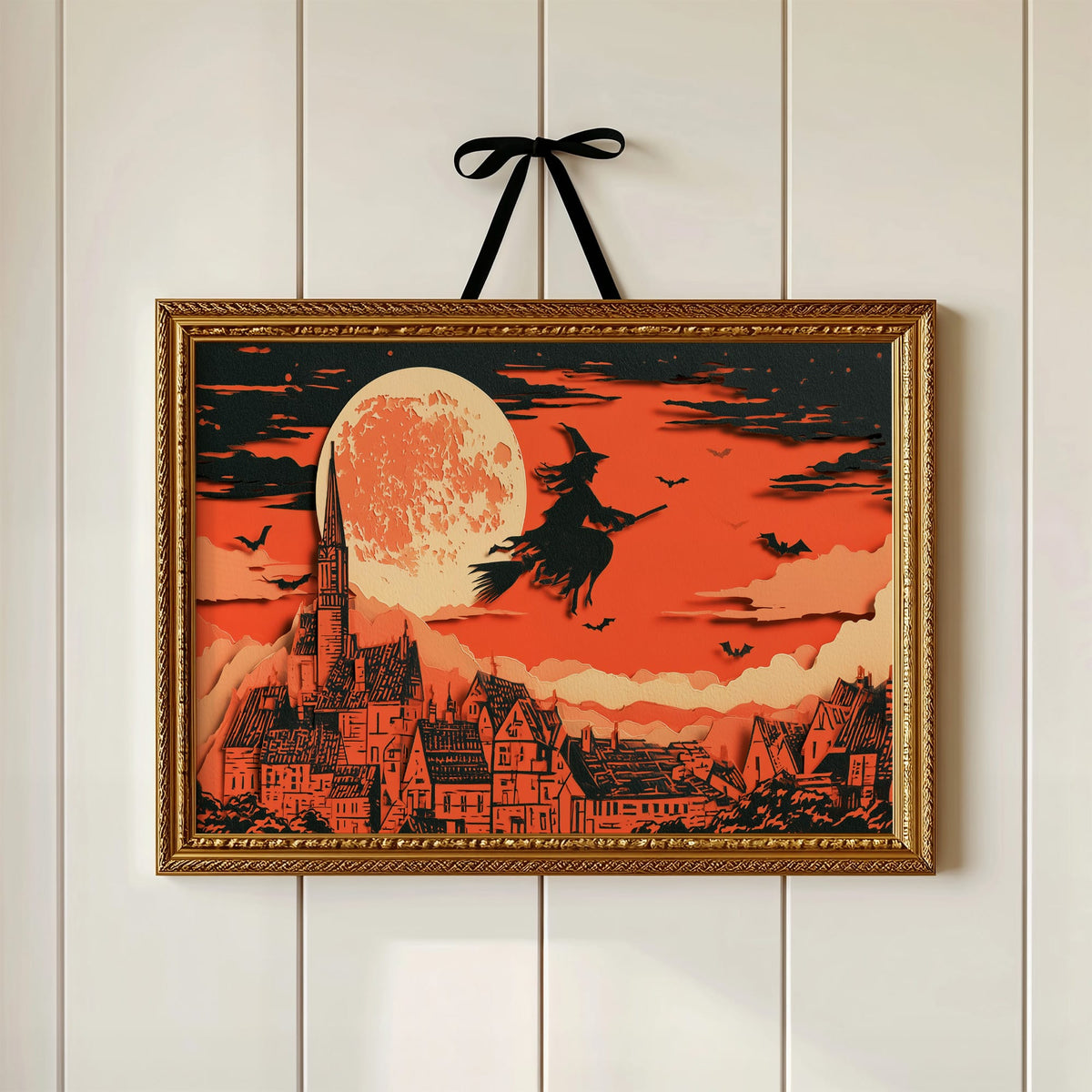 Witch Flies Over Gothic Village